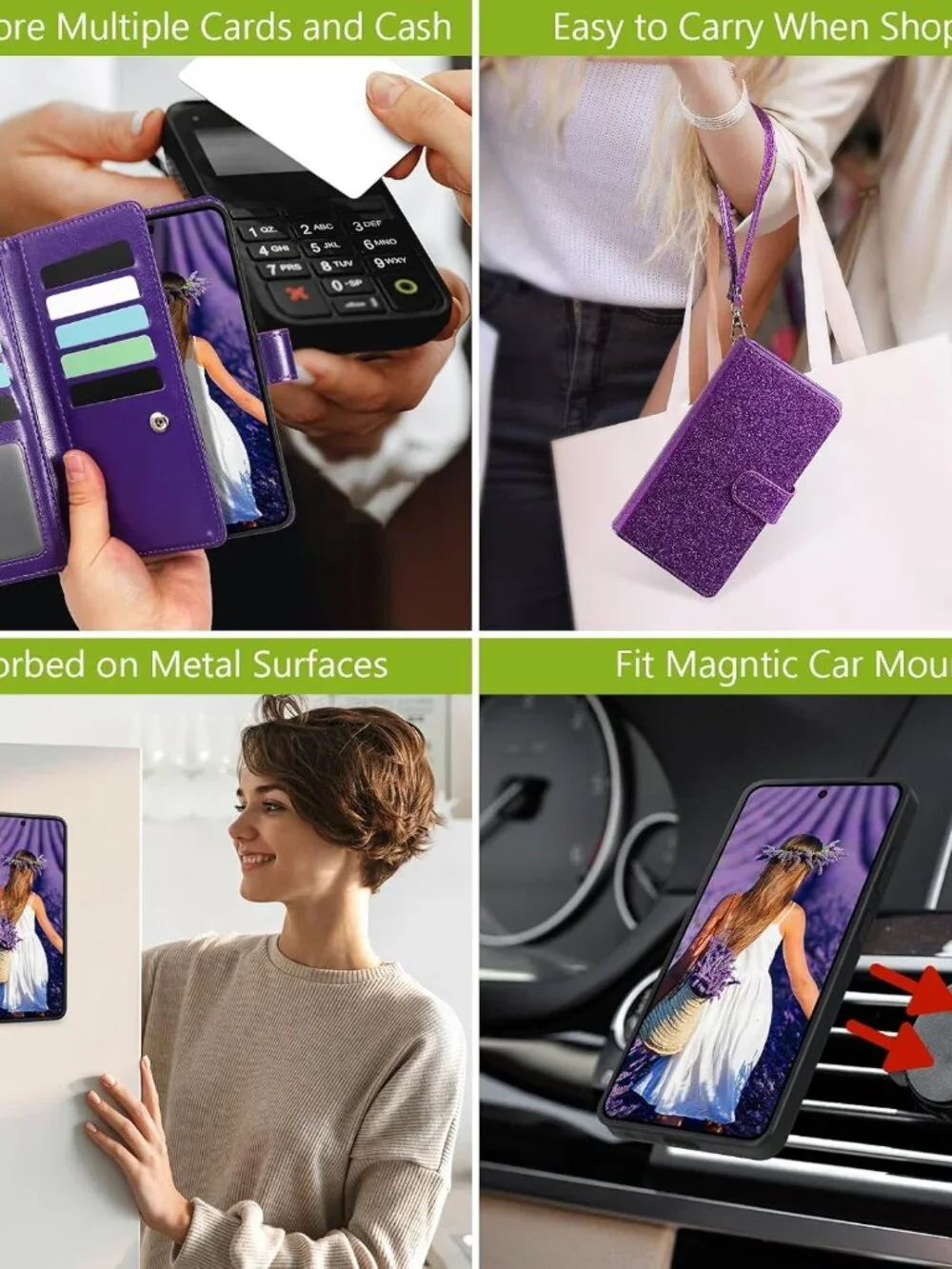 Samsung Galaxy S26 Wallet Case RFID Detachable Card Holder Glitter Purple Cover